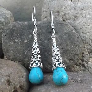 Turquoise and Silver Filigree Drop Dangle Earrings